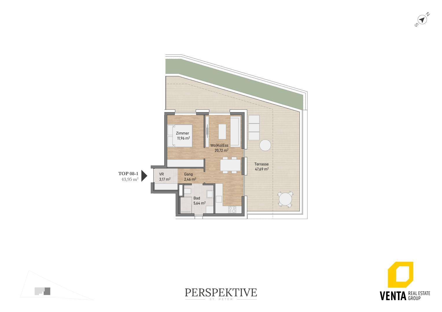 Grundriss der Wohnung TOP 08-1 mit Wohn-Essbereich, Zimmer und großer Terrasse.