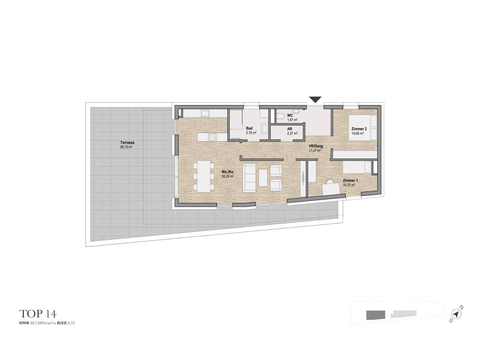 Grundriss der Wohnung TOP 14 mit offener Wohnküche, zwei Zimmern und großer Terrasse.