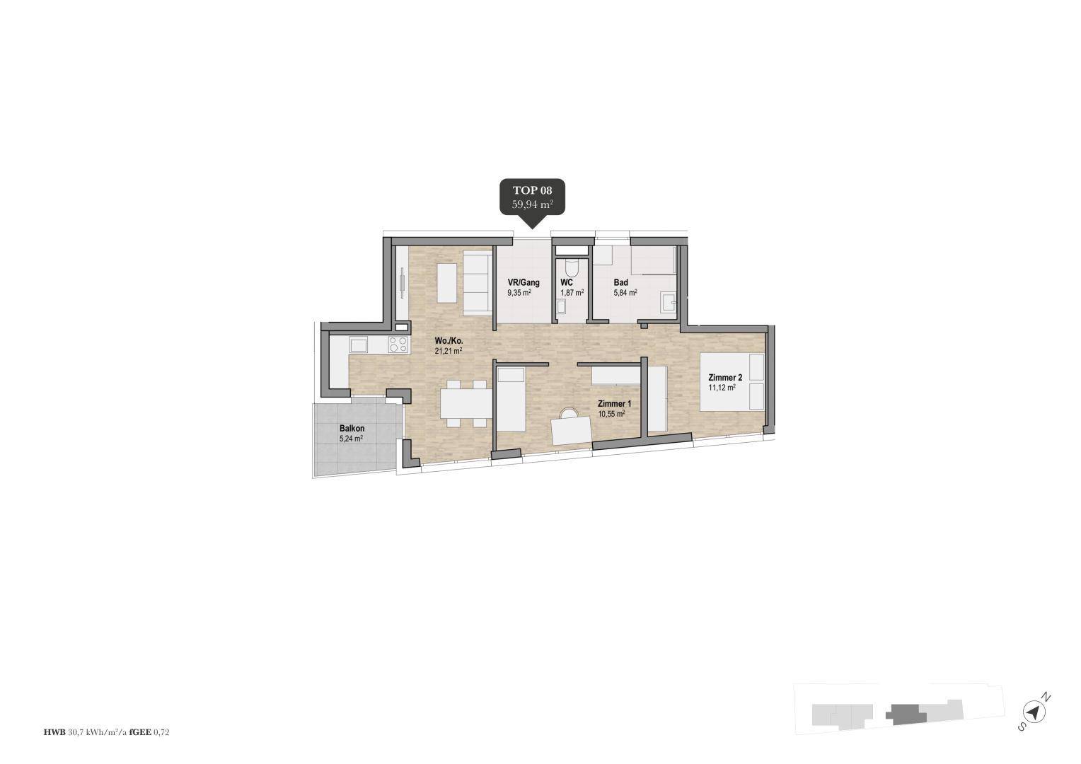 Grundriss der Wohnung TOP 08 mit offenem Wohn-/Kochbereich und Balkonzugang.