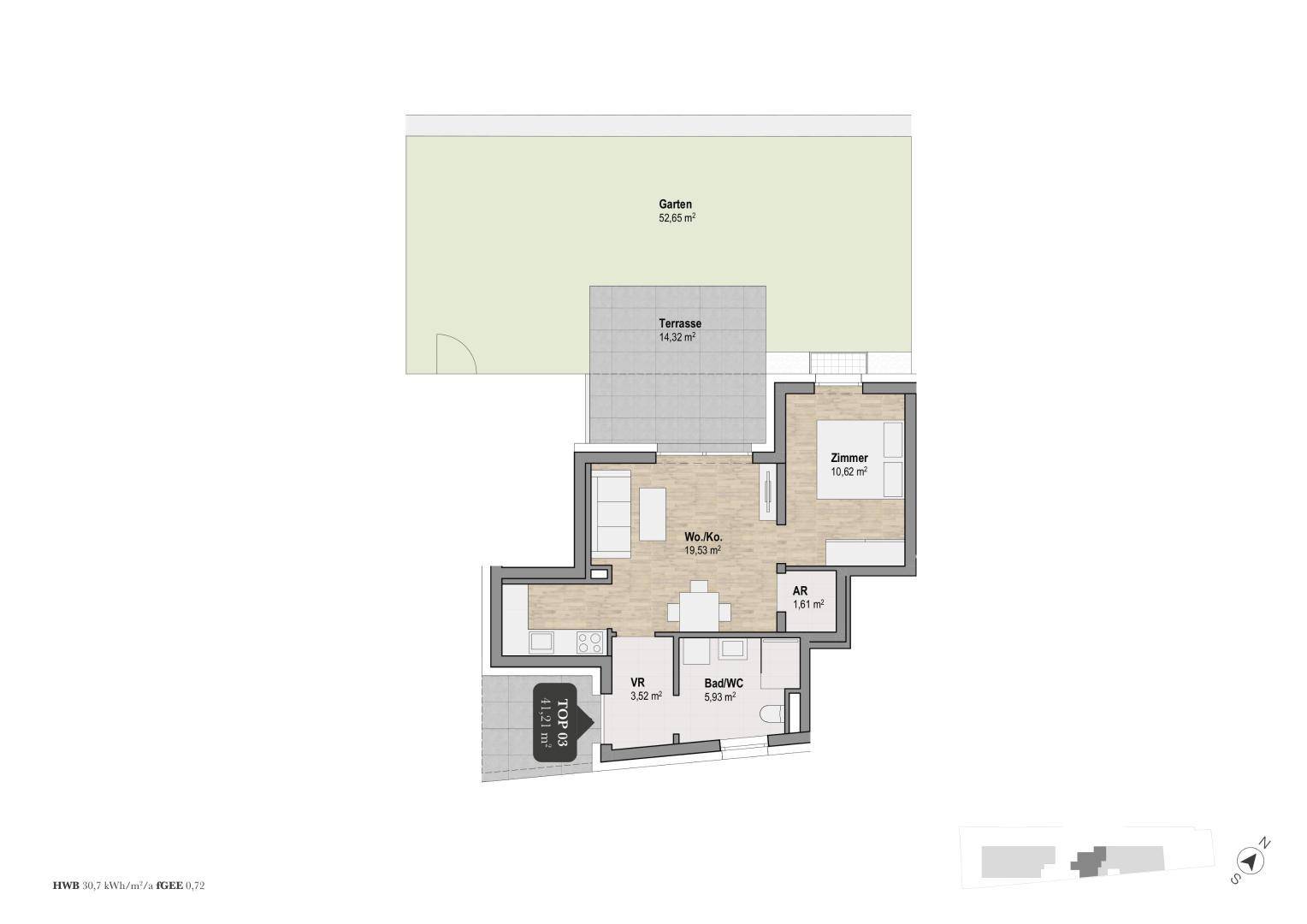 Grundriss einer Erdgeschosswohnung mit Garten, Terrasse, Wohn-Kochbereich und einem Abstellraum.