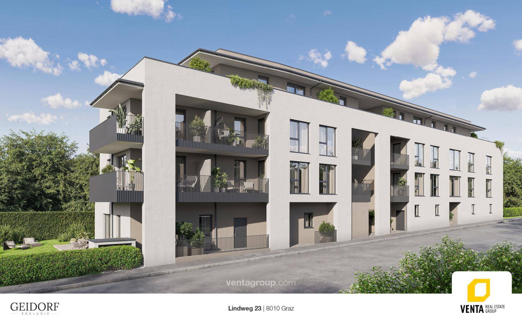 Moderne Architektur eines Mehrfamilienhauses mit Balkonen und großen Fensterfronten.