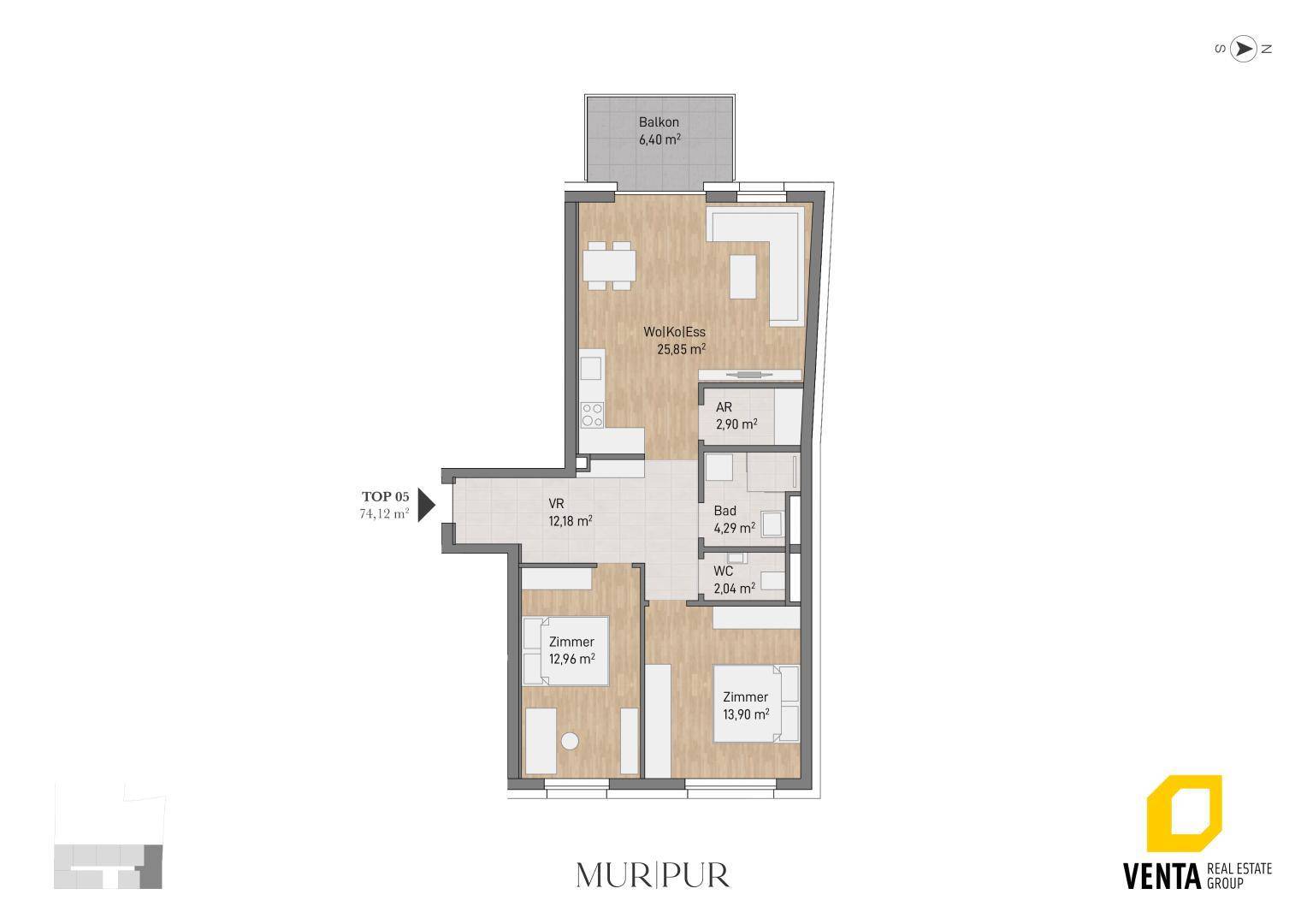 Grundriss der Wohnung TOP 05 mit Wohn-Koch-Essbereich, zwei Zimmern und Balkon.