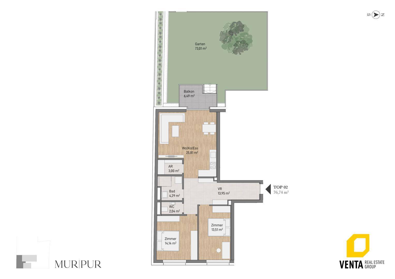 Detaillierter Grundriss einer Wohnung mit Garten, Balkon und separatem WC.