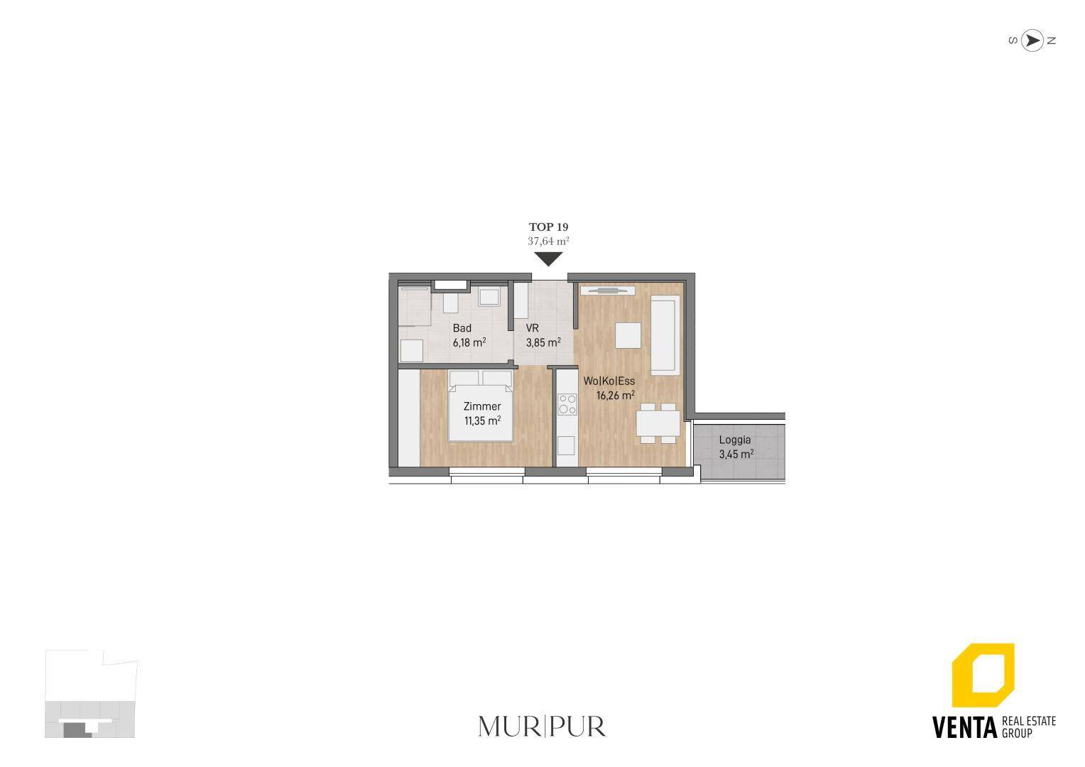 Grundriss der Wohnung TOP 19 mit Schlafzimmer, Bad, Wohnküche und Loggia.