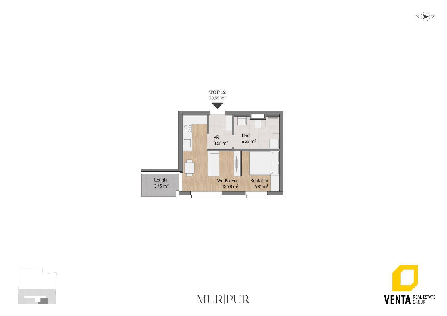 Grundriss der Wohnung TOP 12 mit Loggia, offenem Wohnbereich und einem Schlafzimmer.