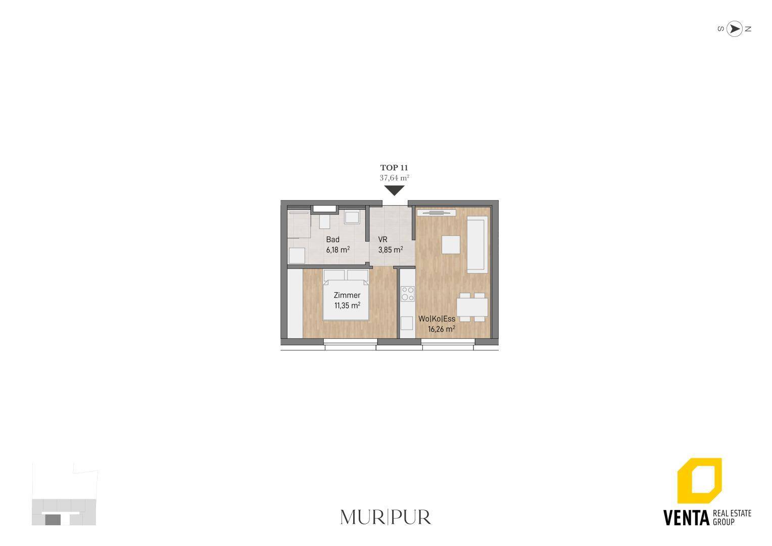 Grundriss einer kleinen Wohnung mit Schlafzimmer, Bad und offenem Wohn-Koch-Essbereich.