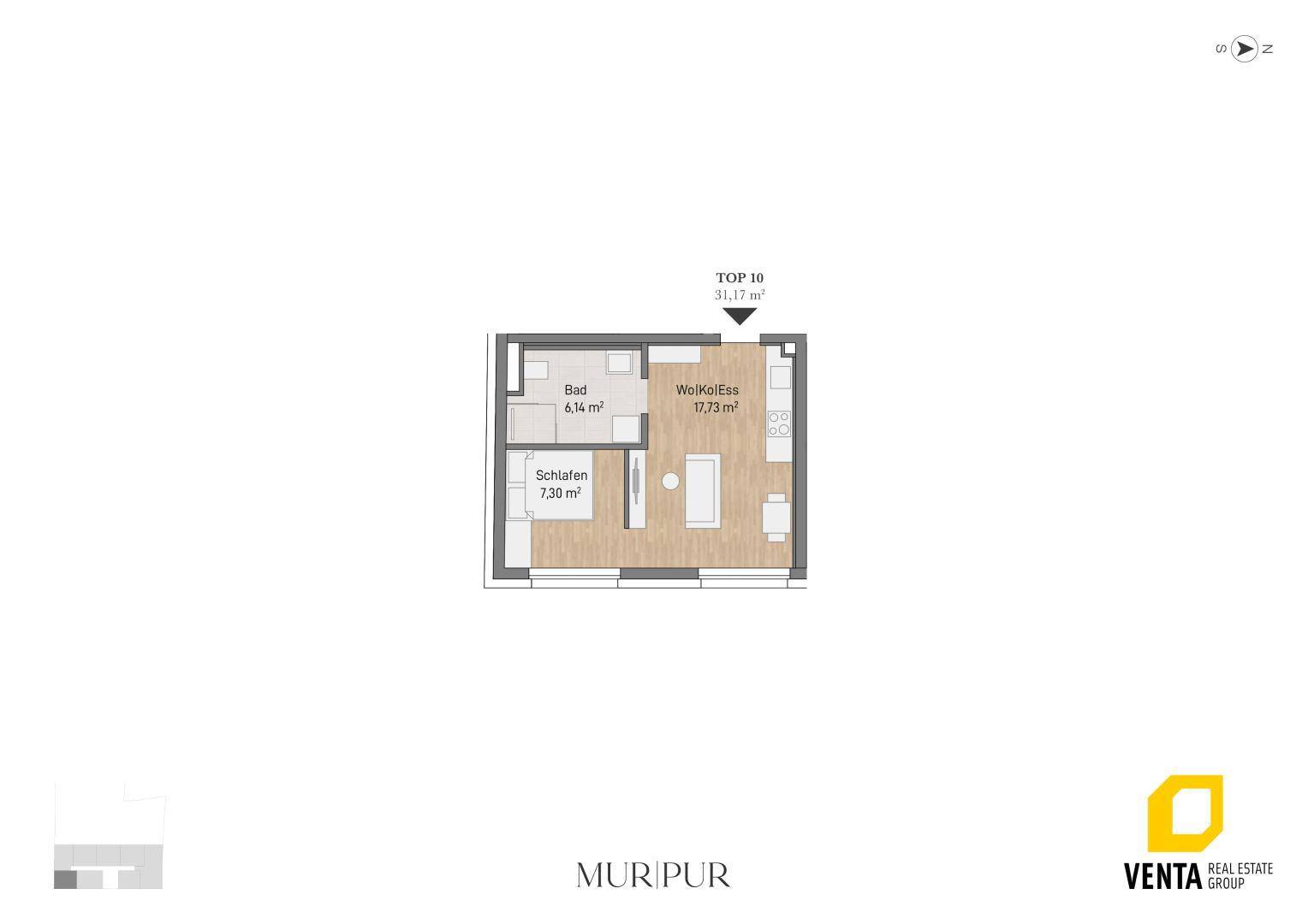 Kompakter Grundriss einer Wohnung mit Schlafzimmer, Bad und offenem Wohn-Koch-Essbereich.