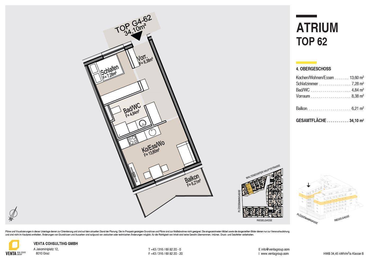 Grundriss der Wohnung TOP 62 mit offenem Wohnbereich, Schlafzimmer und Balkon.