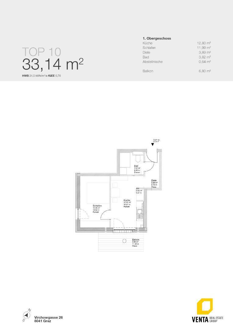 Grundriss des Obergeschosses mit einer Fläche von 33,14 m² und Balkonzugang.