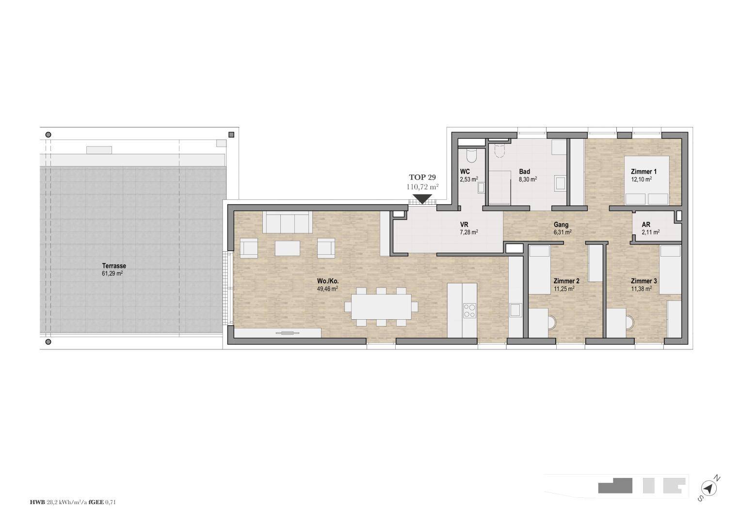 Grundriss der Wohnung TOP 29 mit großer Terrasse und offenem Wohn-Kochbereich.