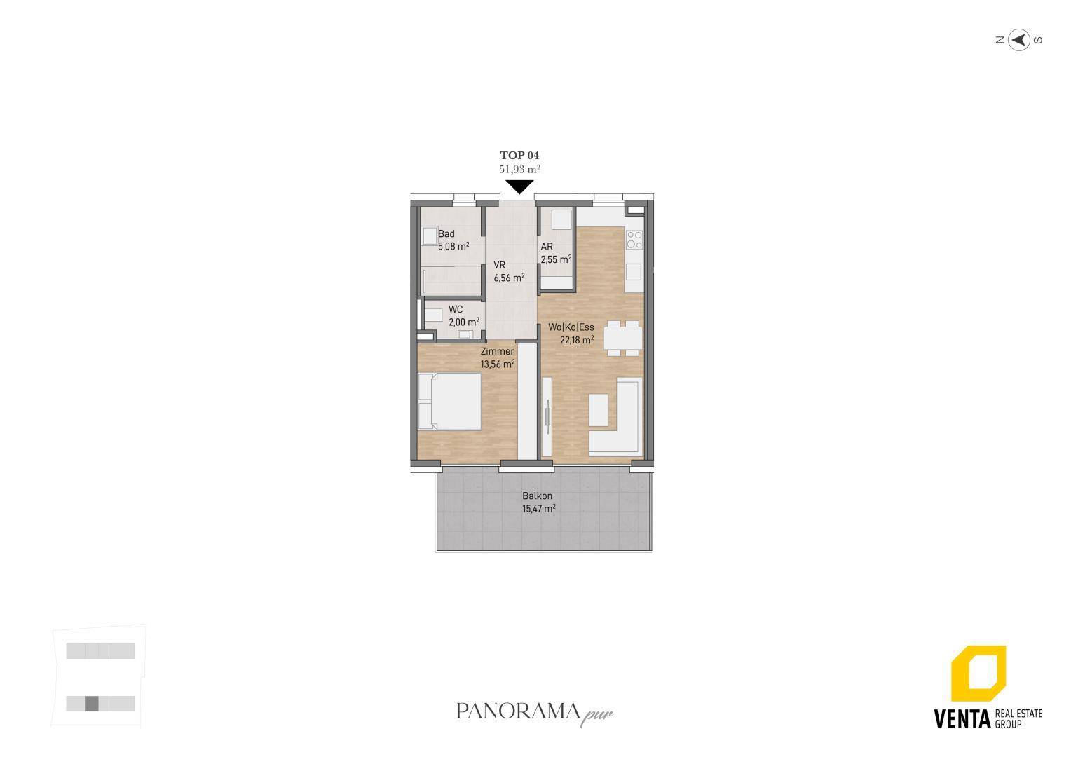 Grundriss der Wohnung TOP 04 mit einem Schlafzimmer, Bad, WC und offenem Wohn-Essbereich mit Balkon.