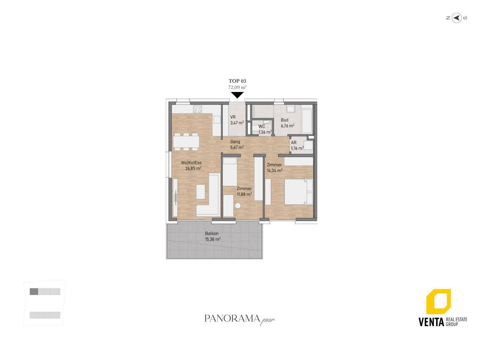 Grundriss einer Wohnung mit offenem Wohnbereich, drei Zimmern, Bad, separatem WC und Balkon.