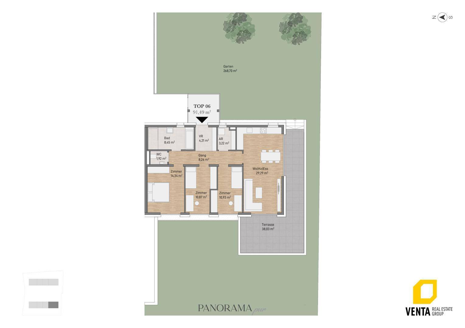 Grundriss einer Wohnung mit offenem Wohnbereich, drei Zimmern, Bad, WC, Terrasse und Garten.