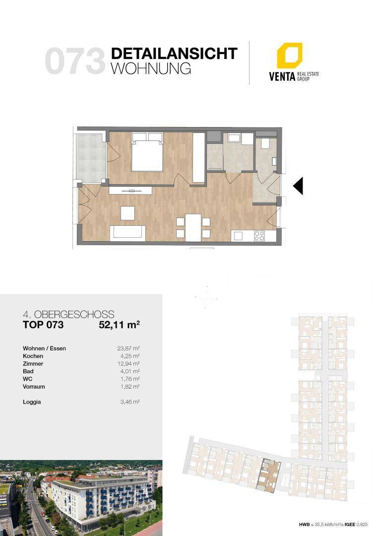 Detaillierter Grundriss der Wohnung 073 mit Raumaufteilung und Flächenangaben.