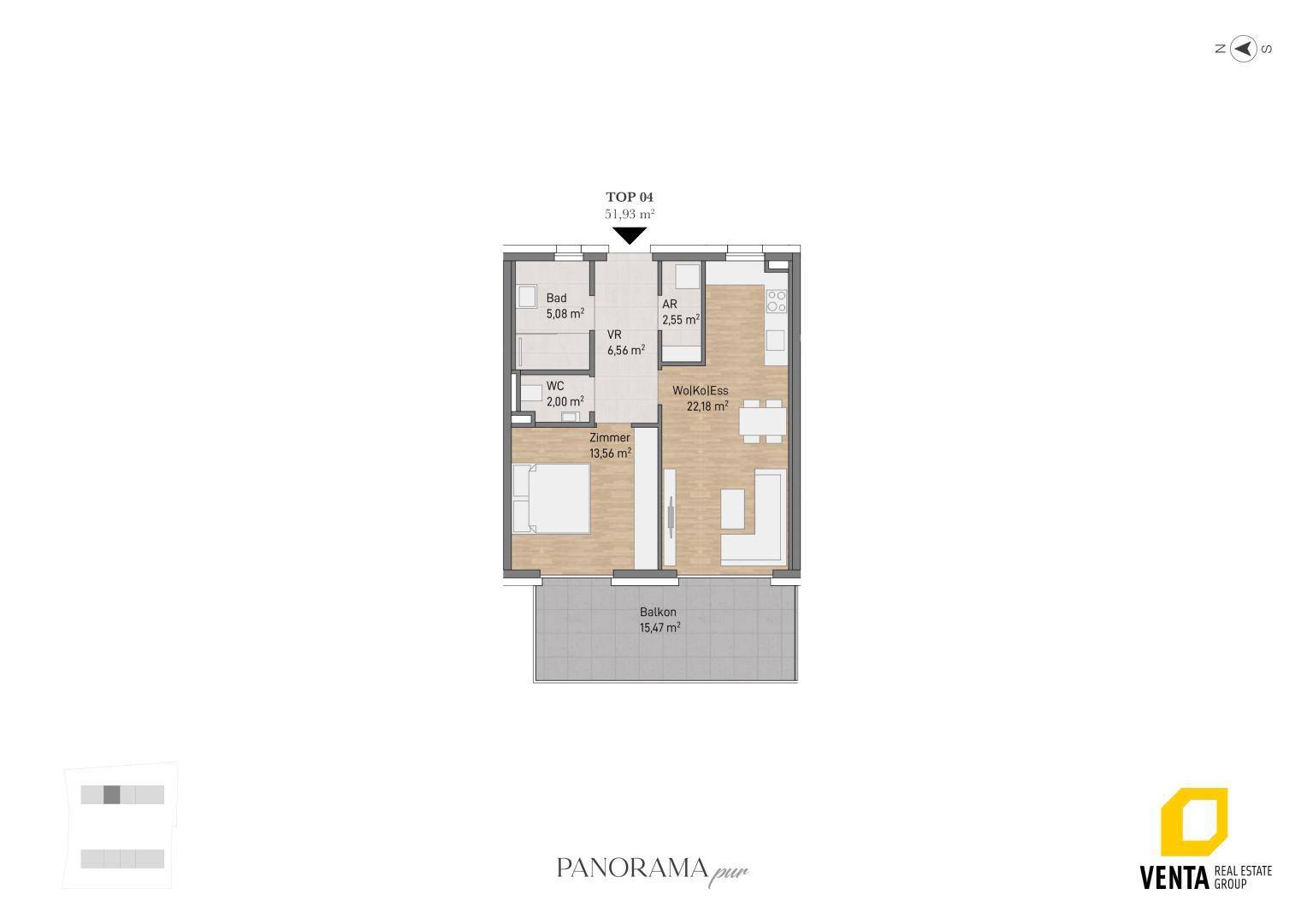 Grundriss der Wohnung TOP 04 mit einem Schlafzimmer, offenem Wohnbereich, separatem WC und Balkon.