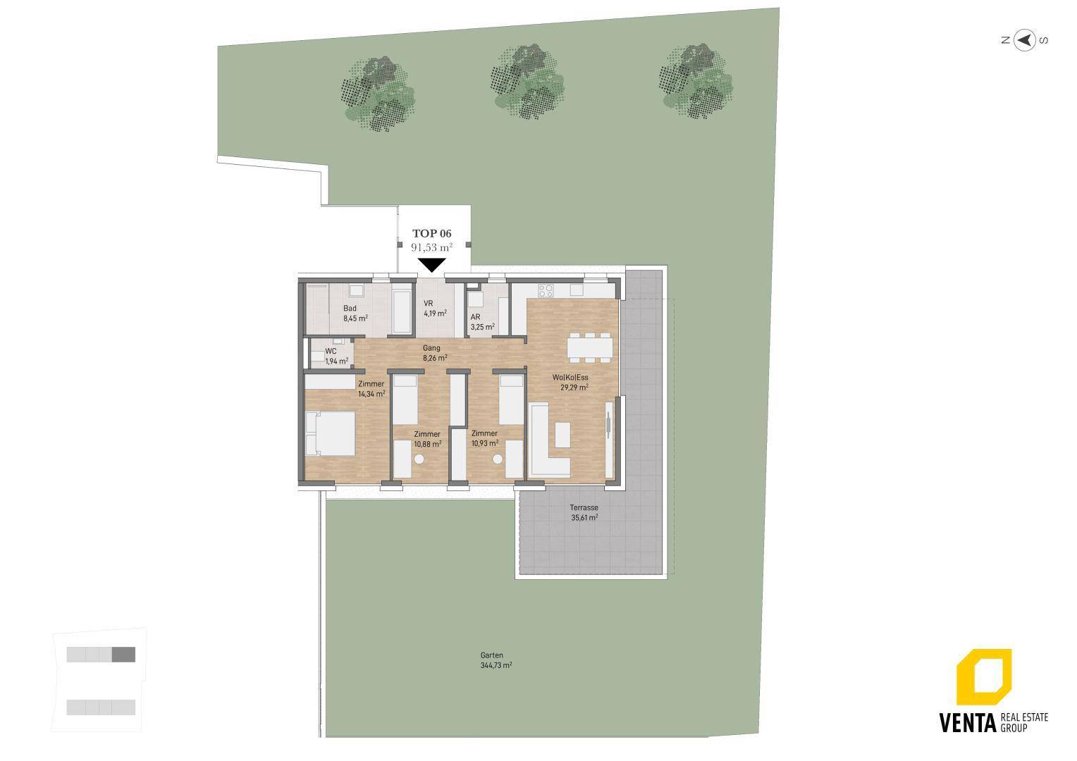 Grundriss der Wohnung Top 06 mit offener Wohnküche, drei Zimmern, Bad, WC, Abstellraum, Terrasse und Garten.