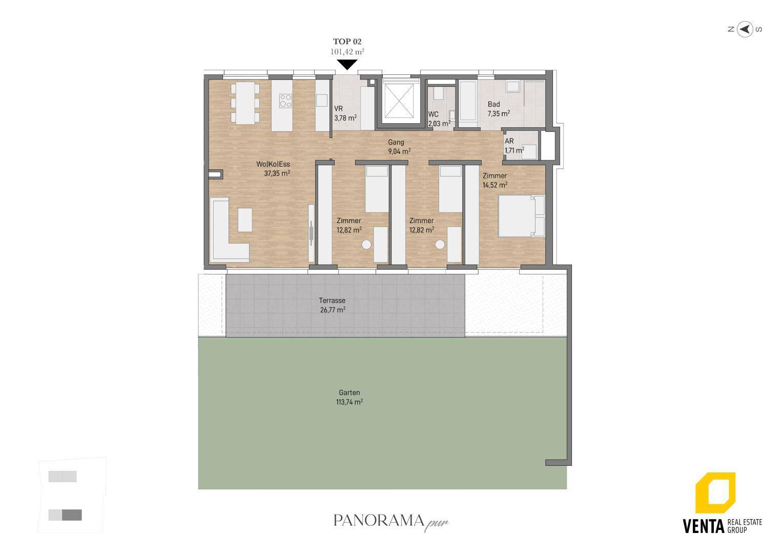Grundriss einer Wohnung mit offenem Wohnbereich, zwei Zimmern, Bad, separatem WC, Terrasse und Garten.