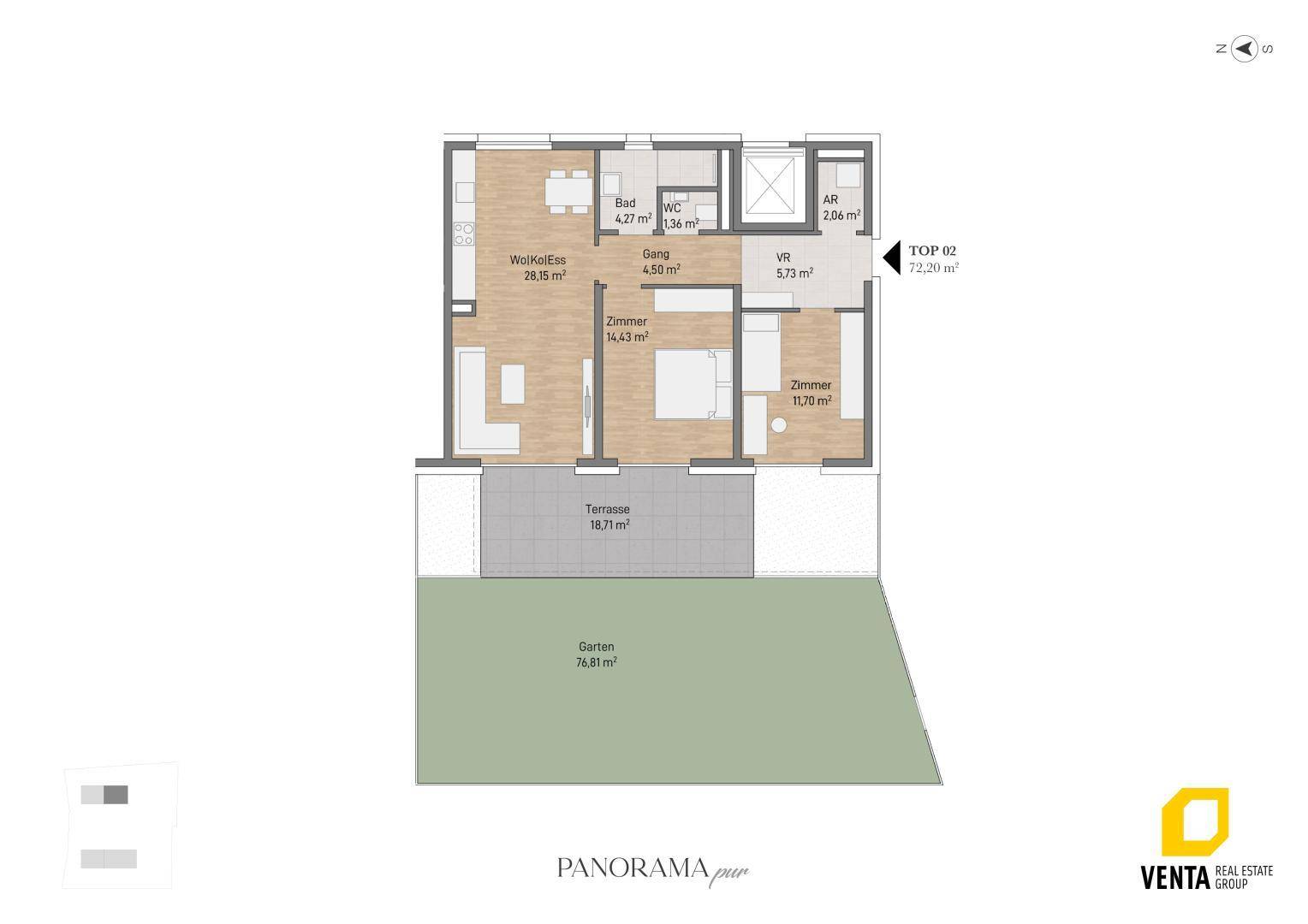 Grundriss einer Wohnung mit offenem Wohn-/Essbereich, zwei Zimmern, Bad, WC, Terrasse und Garten.