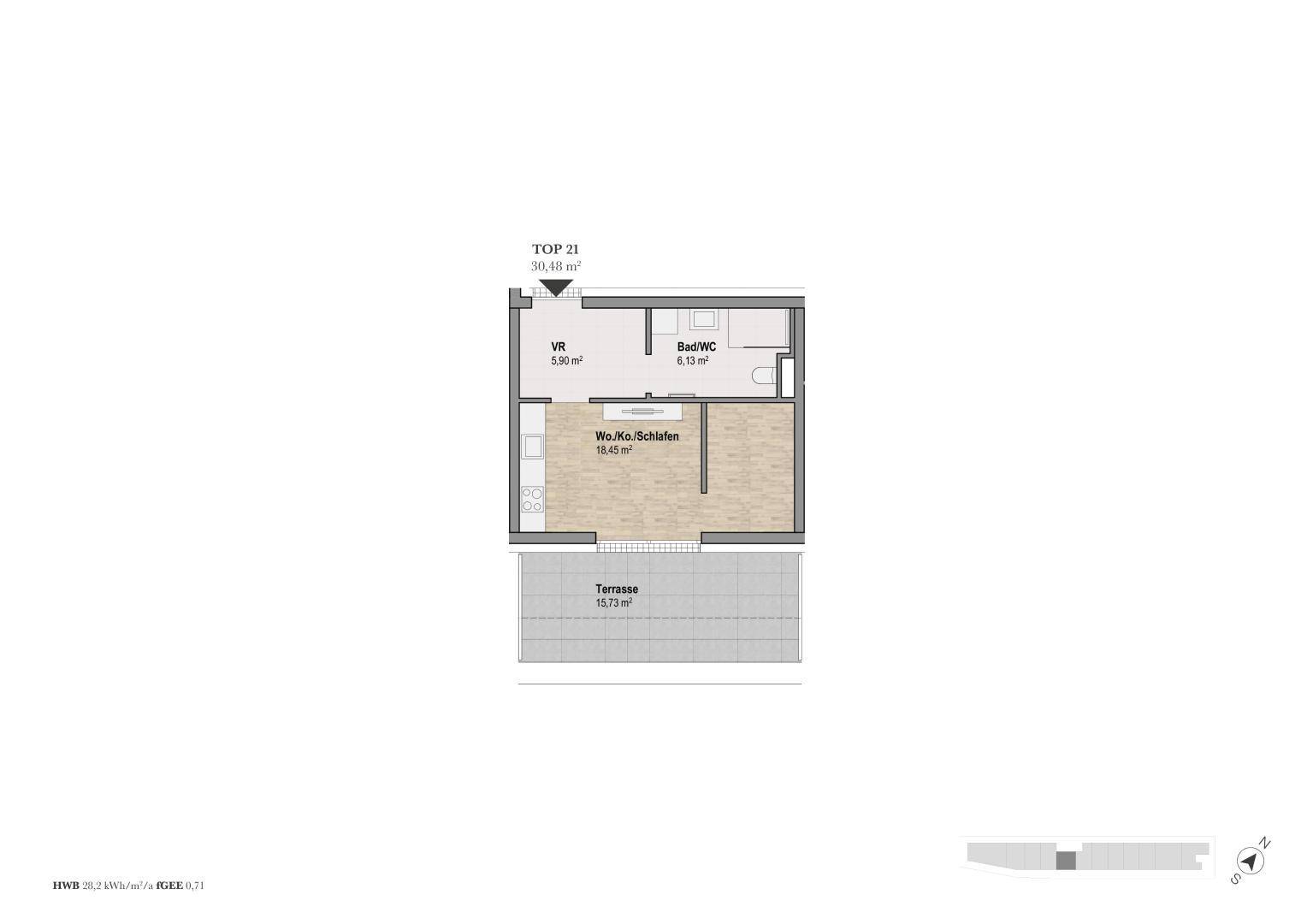Grundriss einer kleinen Wohnung mit Wohn-/Koch-/Schlafbereich, Bad und Terrasse.