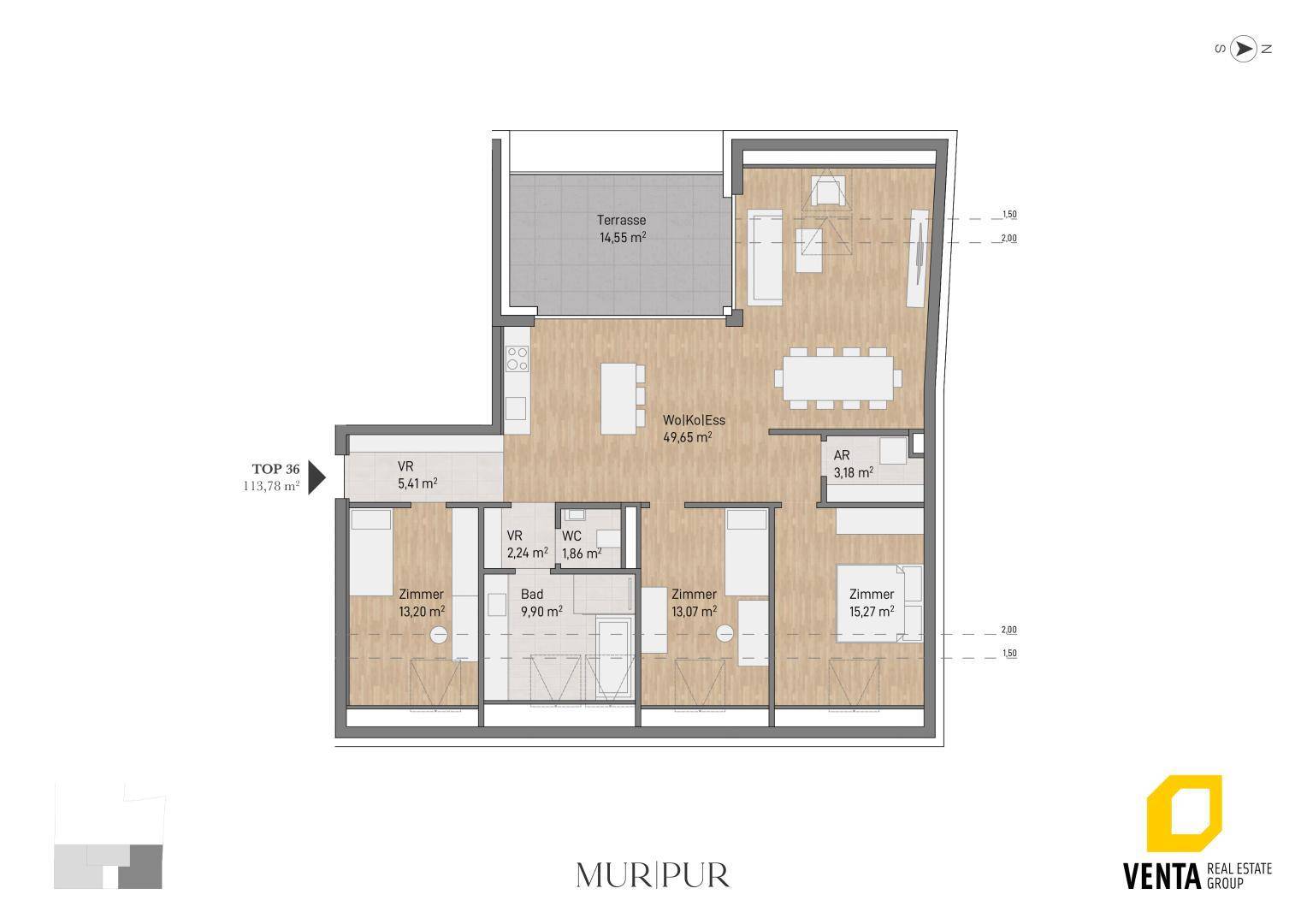Detaillierter Grundriss einer Wohnung mit drei Zimmern, offenem Wohnbereich und großer Terrasse.