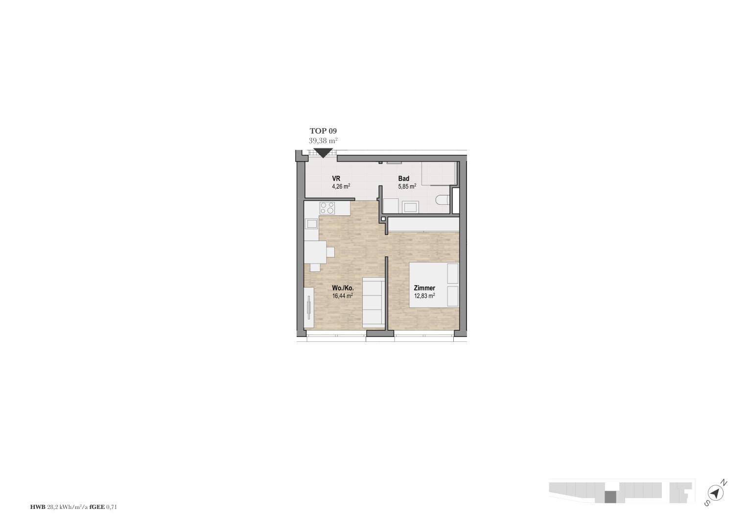 Grundriss für TOP 09 mit Wohn-/Kochbereich, Zimmer und Bad auf 39,38 m².