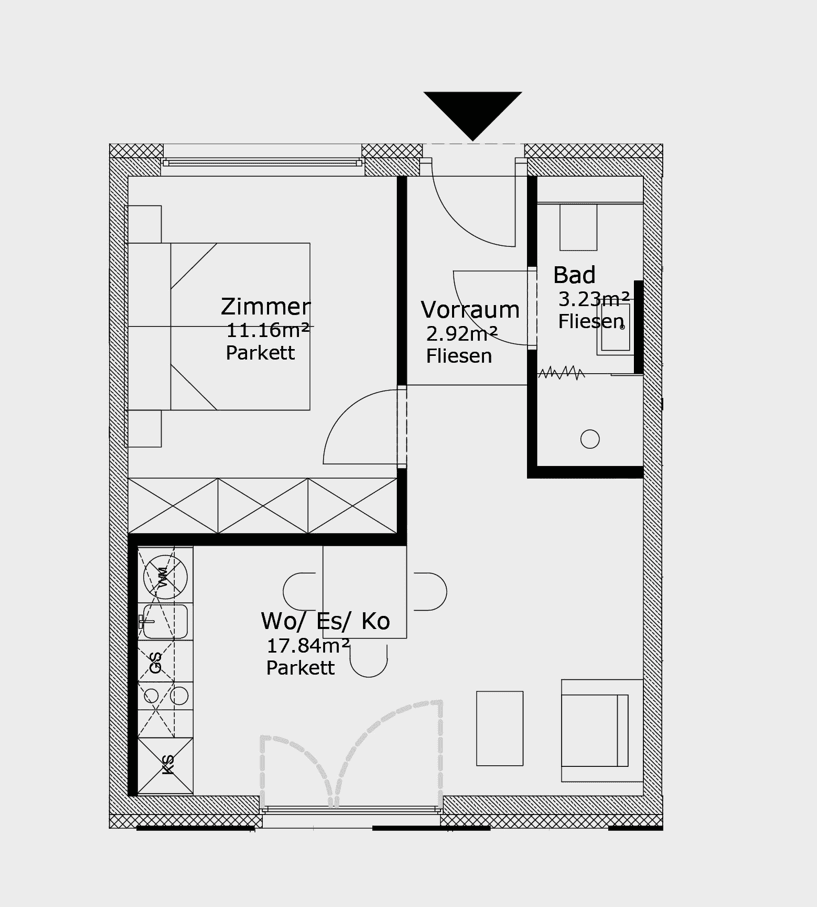 Grundriss einer Wohnung mit einem Zimmer, offenem Wohnbereich und Bad.