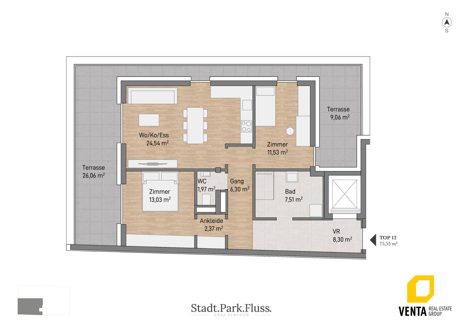 Grundriss einer Penthouse-Wohnung mit offenem Wohnbereich, zwei Schlafzimmern und zwei Terrassen.