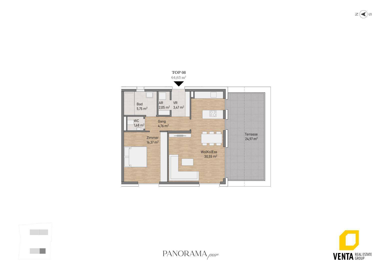 Grundriss einer Wohnung mit offenem Wohn-Essbereich, Schlafzimmer, Bad, WC und großer Terrasse.