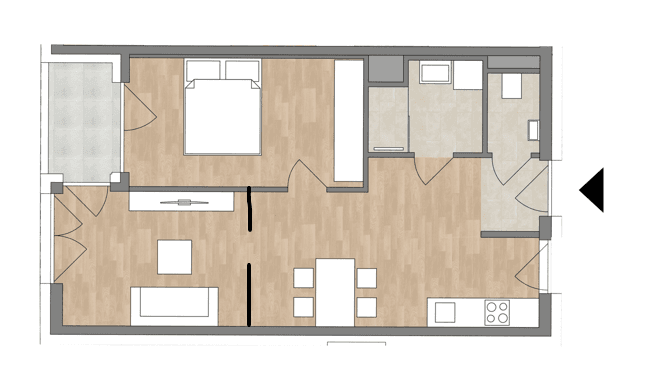 Grundriss einer Wohnung mit Schlafzimmer, offenem Wohnbereich, Küche und Balkon.