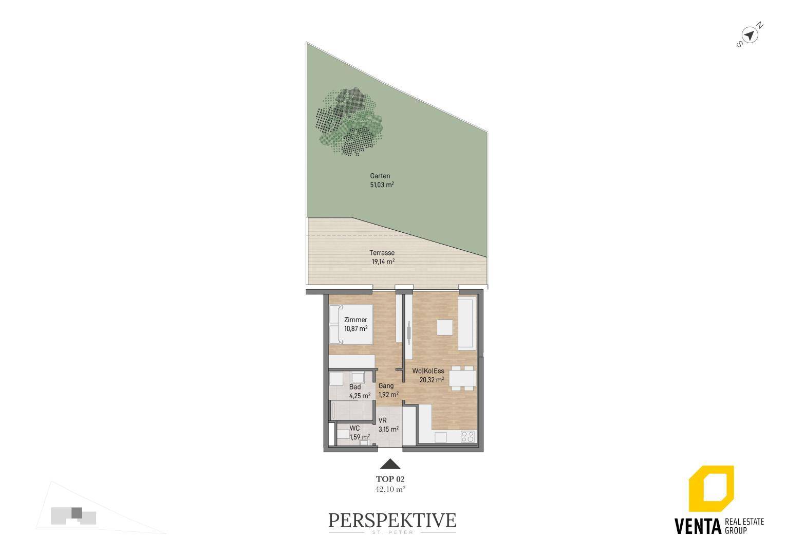 Grundriss einer Wohnung mit Garten, Terrasse, einem Zimmer und offenem Wohnbereich.
