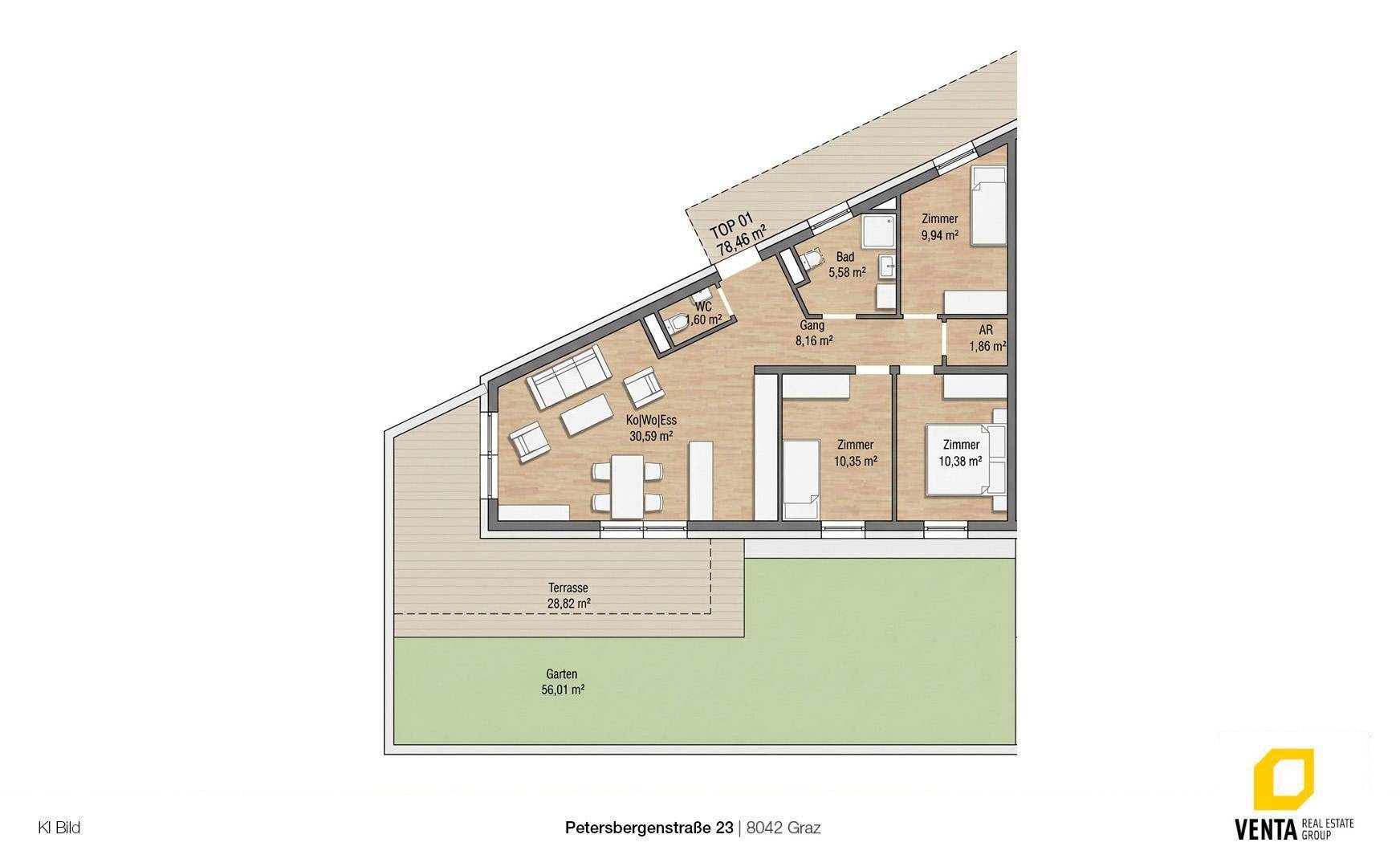Grundriss einer Wohnung mit offenem Wohnbereich, zwei Schlafzimmern, Bad, separatem WC und großer Terrasse mit Garten.