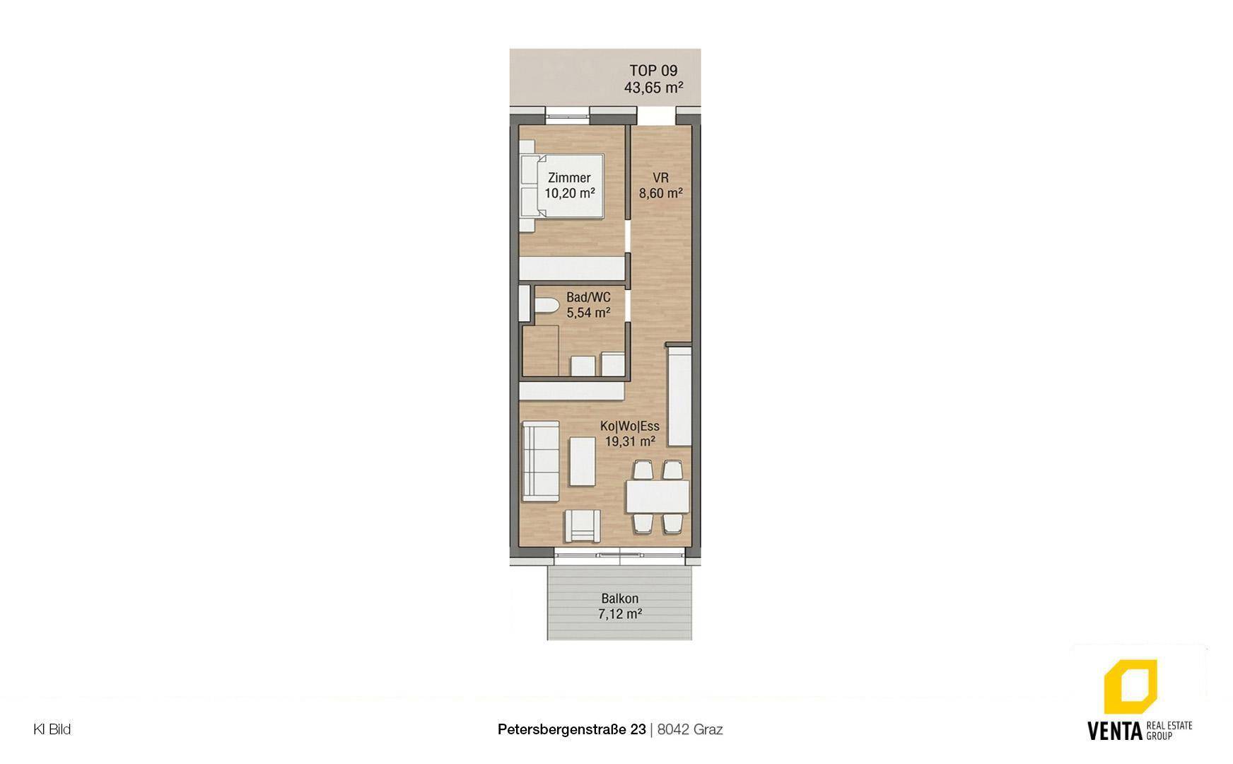 Grundriss der Wohnung TOP 09 mit 43,65 m², inklusive Schlafzimmer, Bad und offenem Wohnbereich mit Balkon.