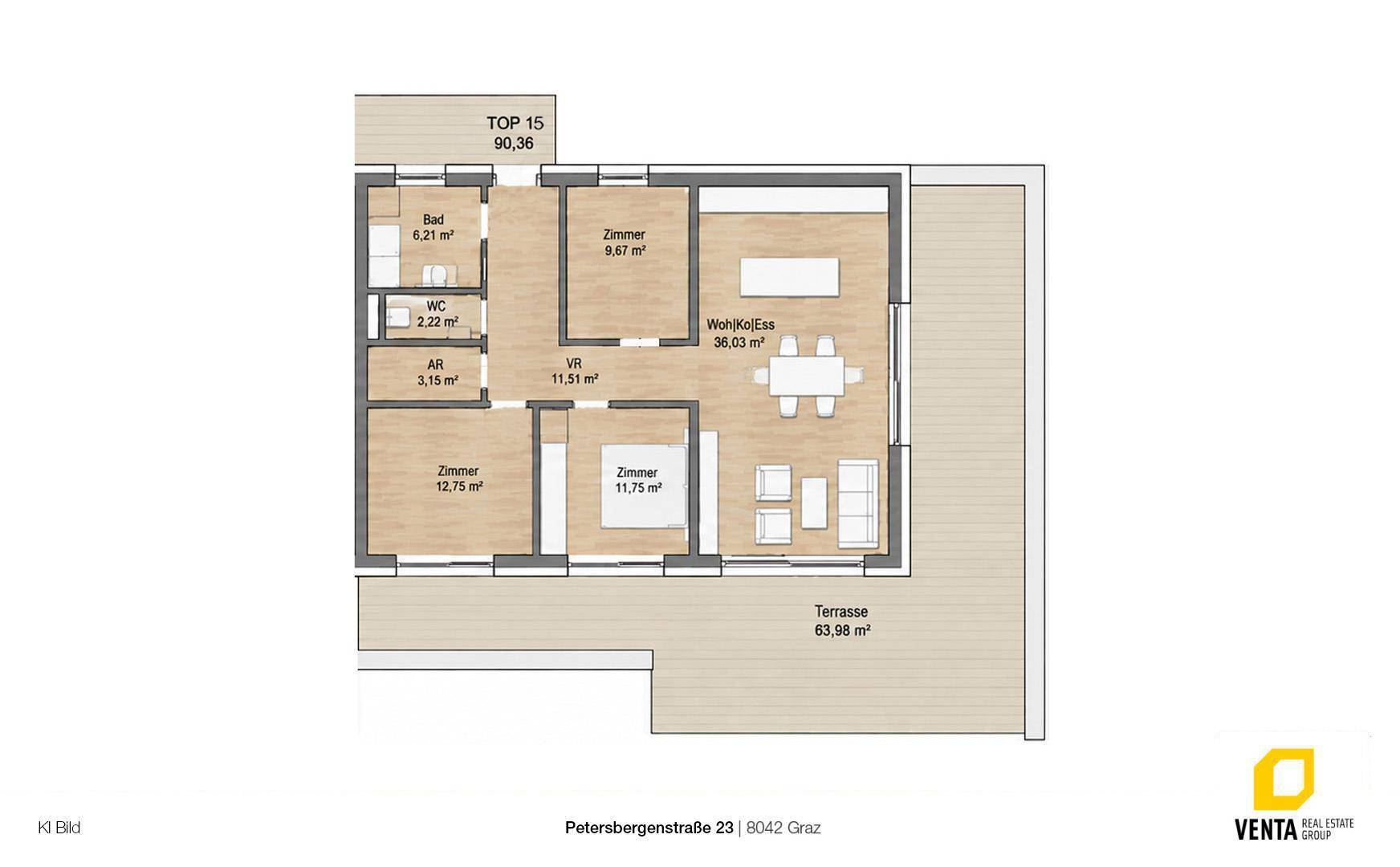 Grundriss der Wohnung TOP 15 mit offenem Wohnbereich, drei Zimmern und großer Terrasse.