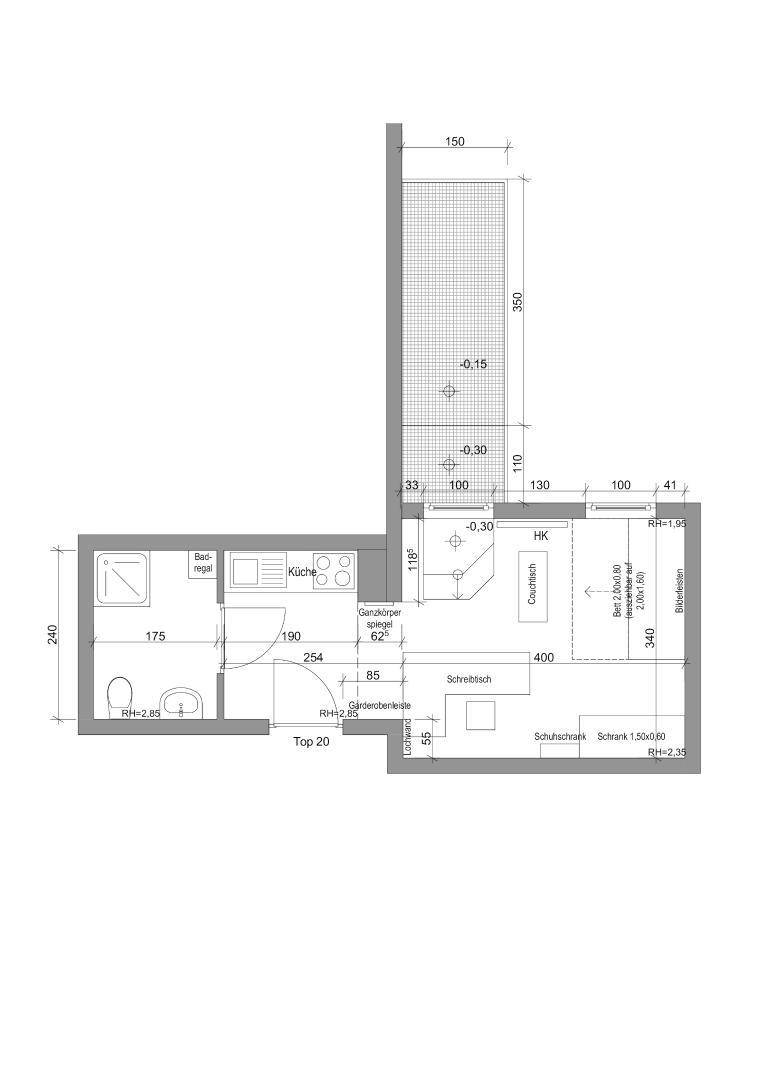 Grundriss einer kleinen Wohnung mit Wohnbereich, Bad, Küche und Balkon.