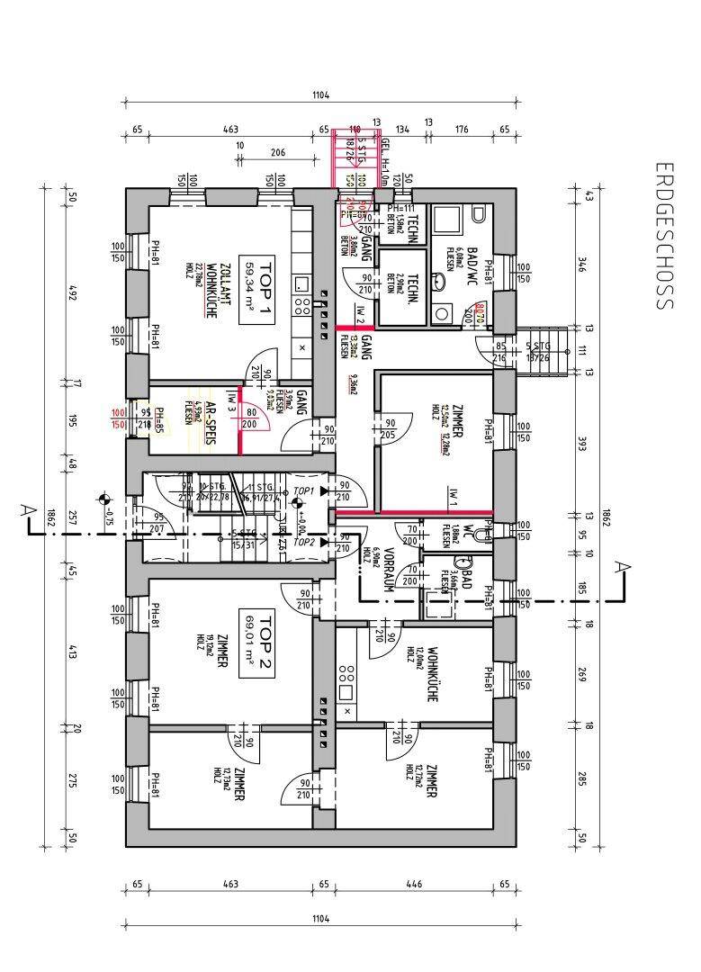 Grundriss des Erdgeschosses mit zwei Wohneinheiten, detaillierter Raumaufteilung und Maßen.