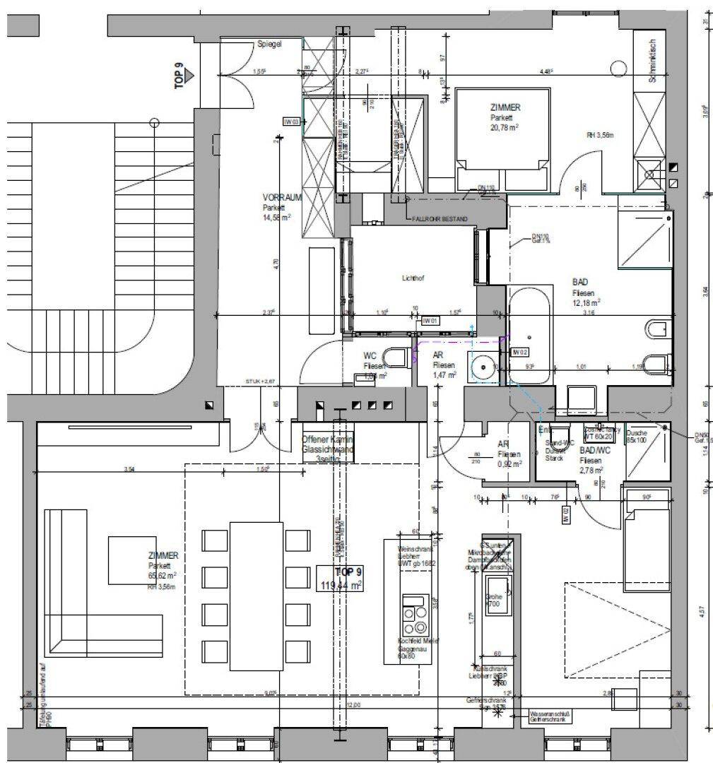 Detaillierter Grundriss einer Wohnung mit offenem Wohnbereich und zwei Schlafzimmern.