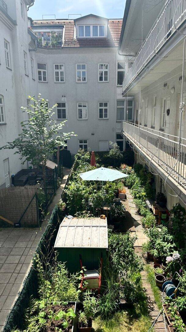 Sonniger Innenhof mit Gartenbeeten, Schuppen und einem Sonnenschirm, umgeben von Gebäuden.
