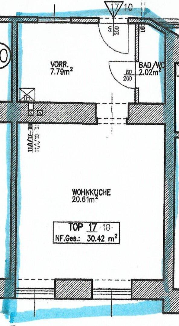 Grundriss einer Wohnung mit Wohnküche, Vorraum und Badezimmer, inklusive Flächenangaben.