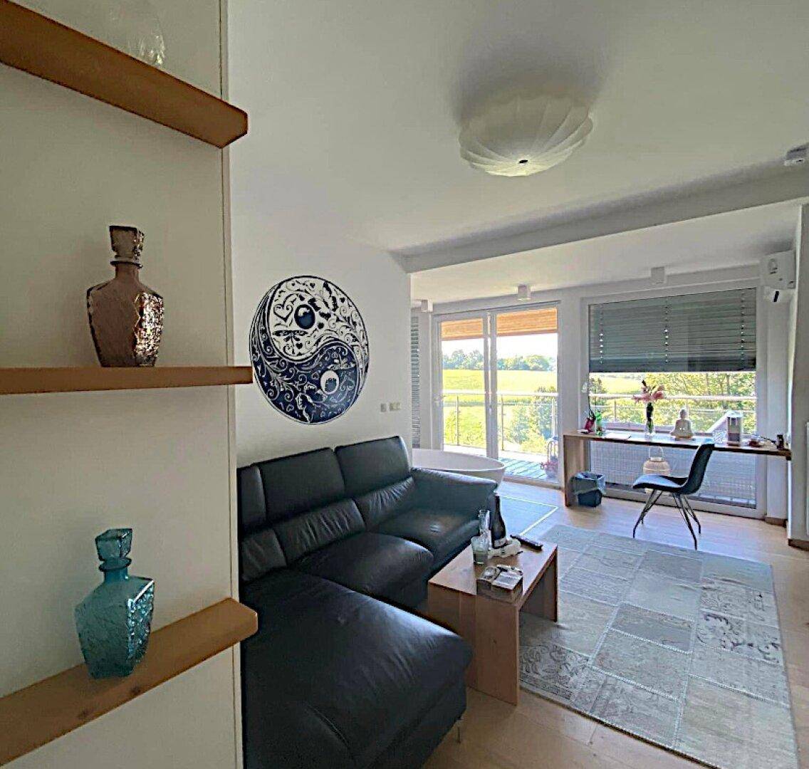 Helles Wohnzimmer mit Ledersofa, Holzboden und großen Fenstern mit weitem Ausblick.