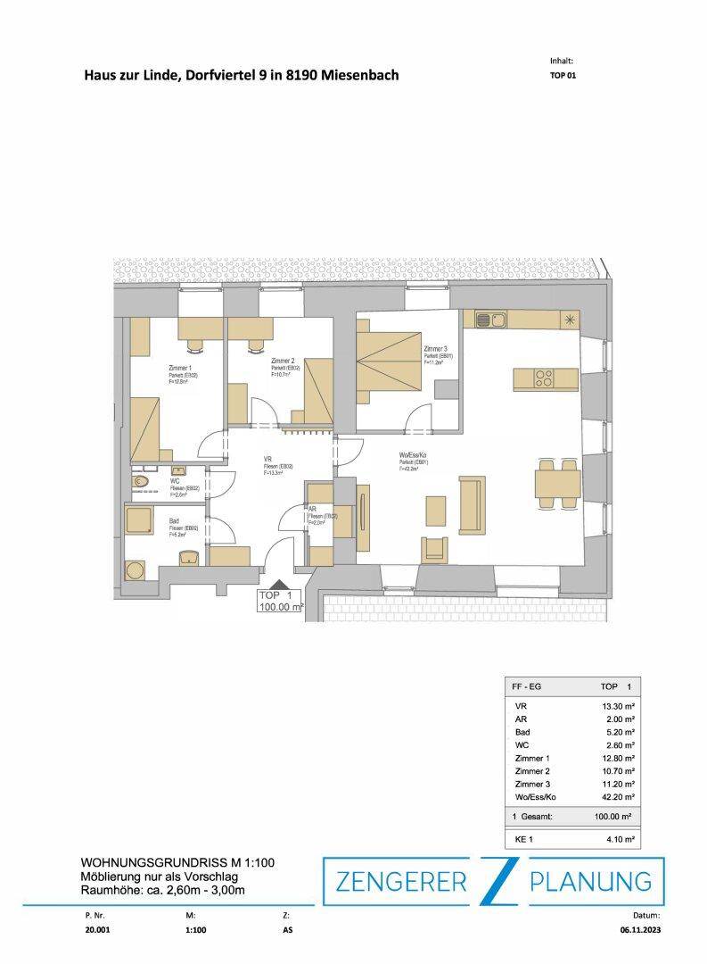 Detaillierter Grundriss einer Wohnung mit drei Zimmern und offenem Wohnbereich.