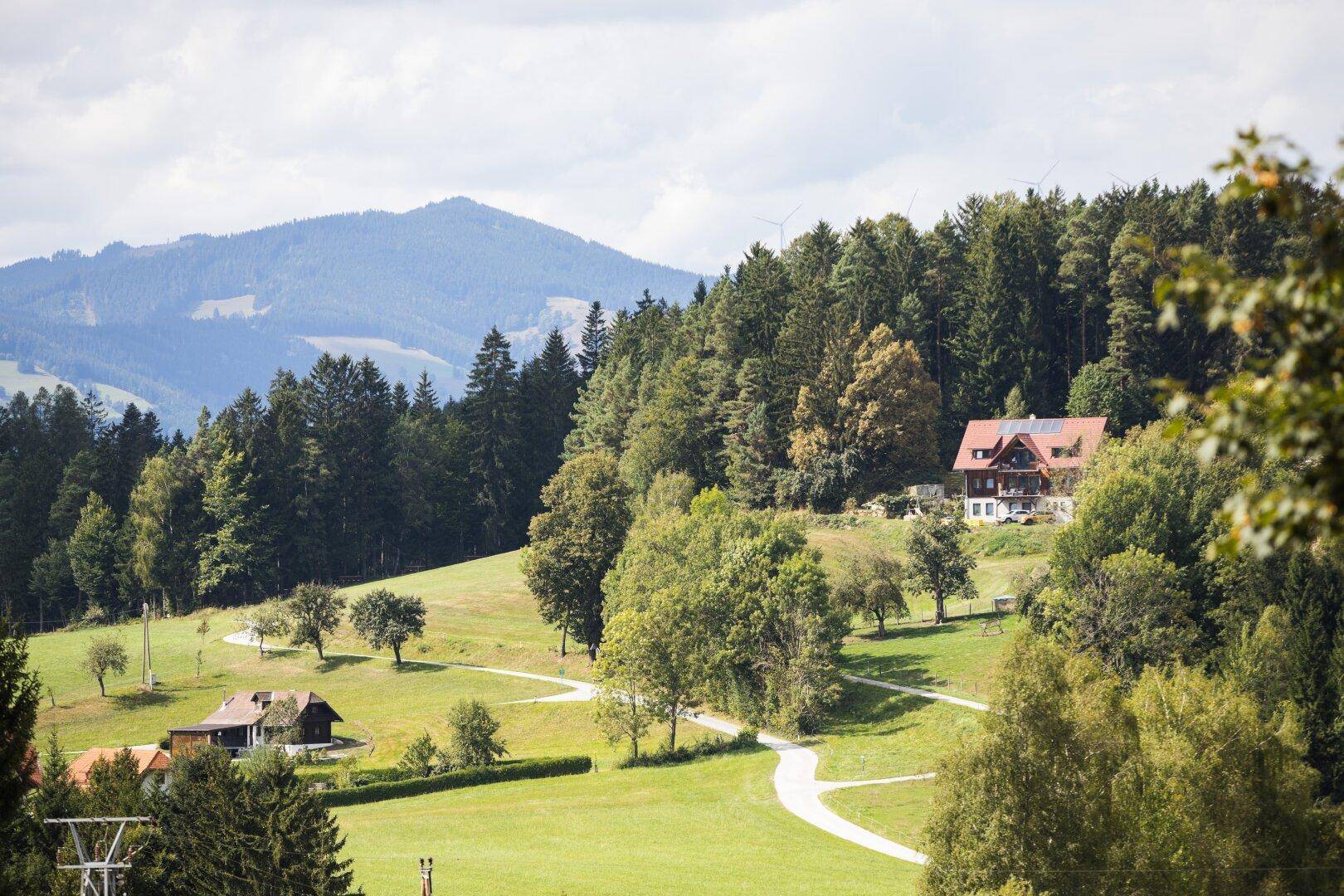 Malerische Landschaft mit Häusern, Wäldern und Bergen im Hintergrund.