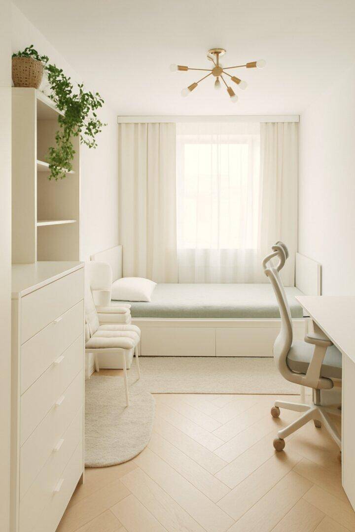 Helles Schlafzimmer mit Einzelbett, Schreibtisch und Holzparkettboden, ideal als Kinder- oder Arbeitszimmer.