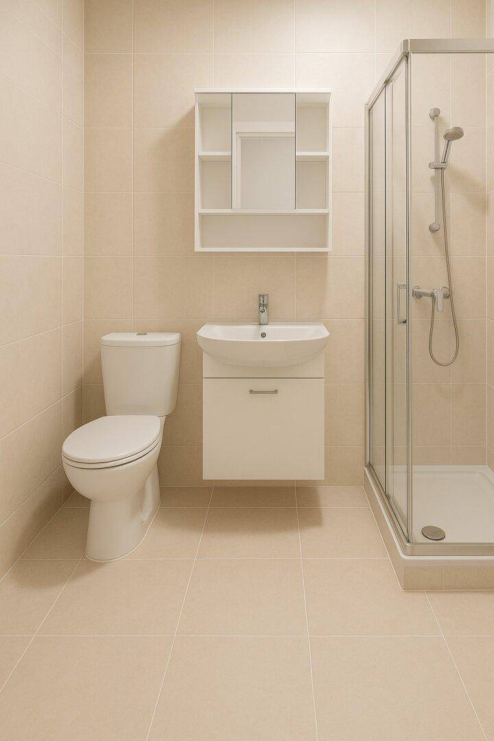 Funktionales Badezimmer mit Duschkabine, WC und Waschbecken mit Spiegelschrank.