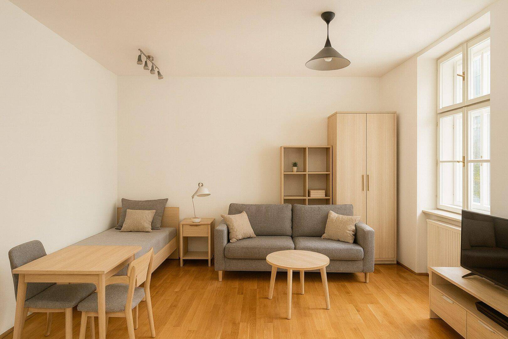 Gemütlicher Wohn- und Schlafbereich mit Holzboden, Sofa, Bett und Esstisch.