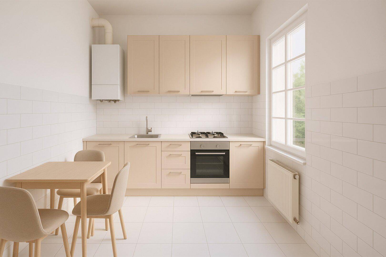 Helle Küche mit beigen Schränken, Gasherd und Essbereich am Fenster.