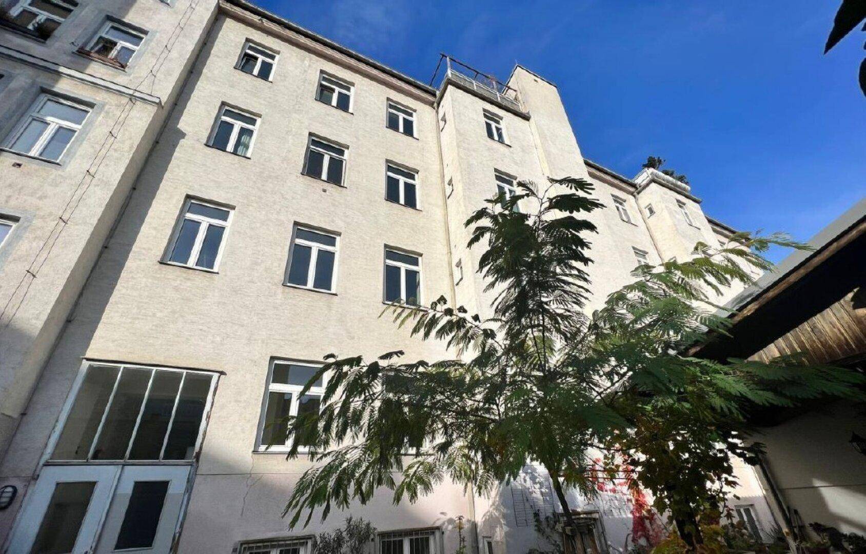 Rückansicht des Gebäudes mit mehreren Stockwerken und einem Baum im Vordergrund unter blauem Himmel.