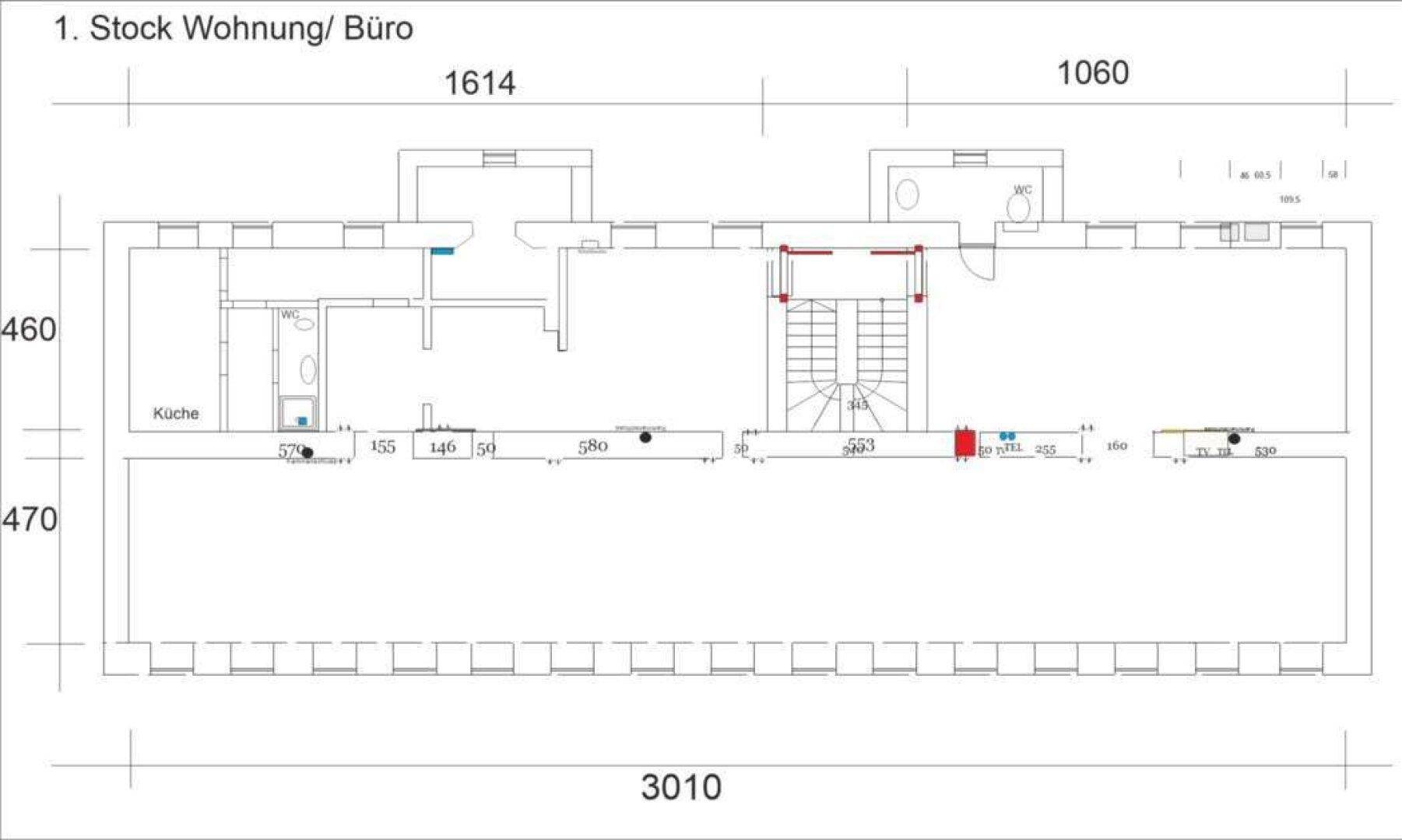 Grundriss des ersten Stocks, geeignet für Wohnung oder Büro, mit Küchenbereich und Treppenhaus.