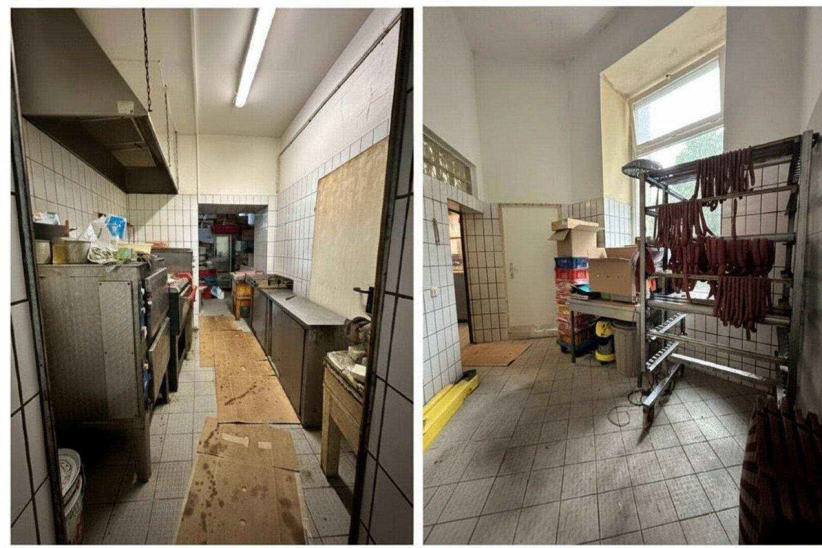 Gewerbliche Küche mit gefliesten Wänden, industriellen Geräten und einem Fenster für Tageslicht.