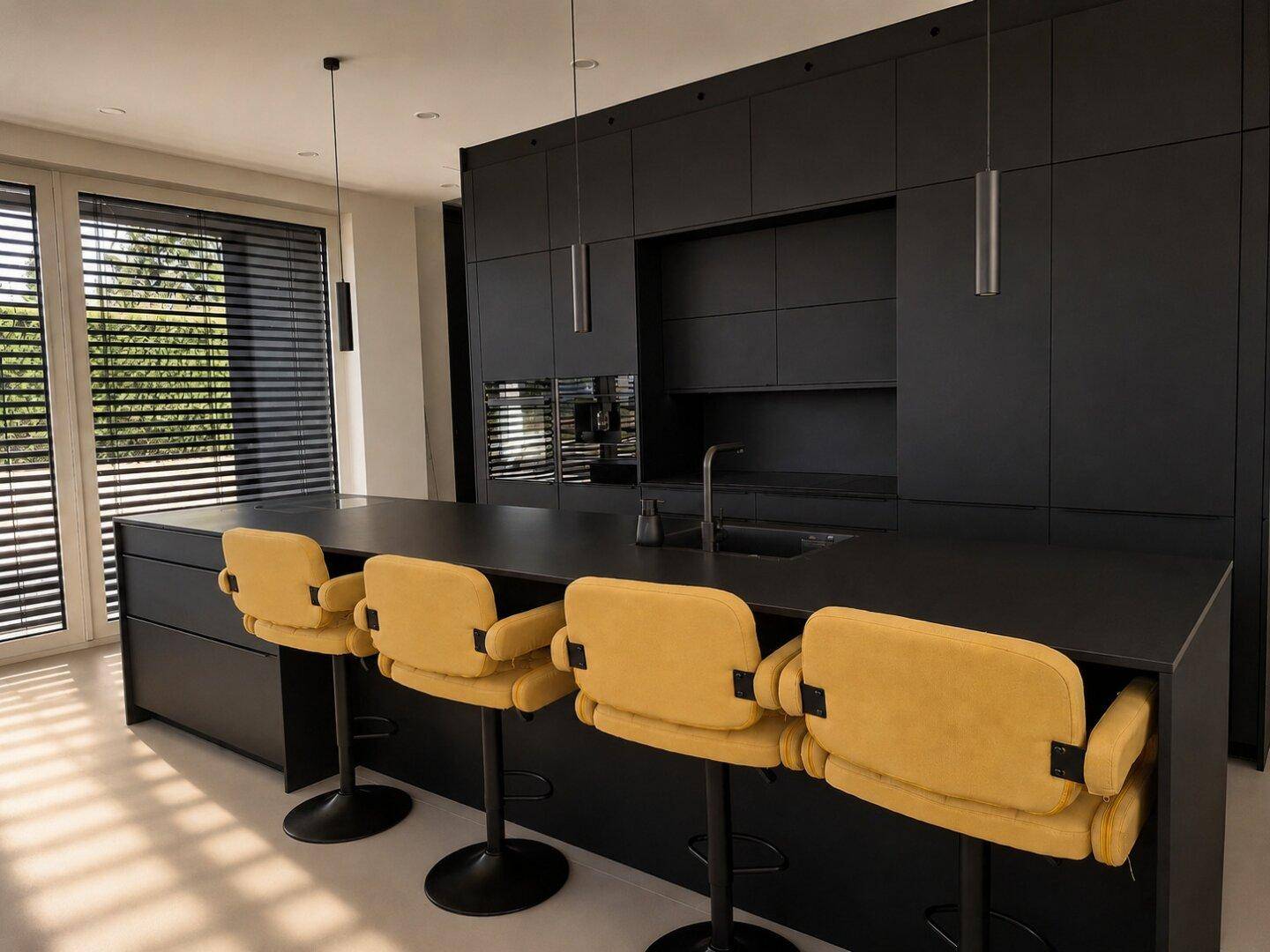 Moderne Kücheninsel mit integriertem Spülbecken und gelben Barhockern, ideal für geselliges Beisammensein.