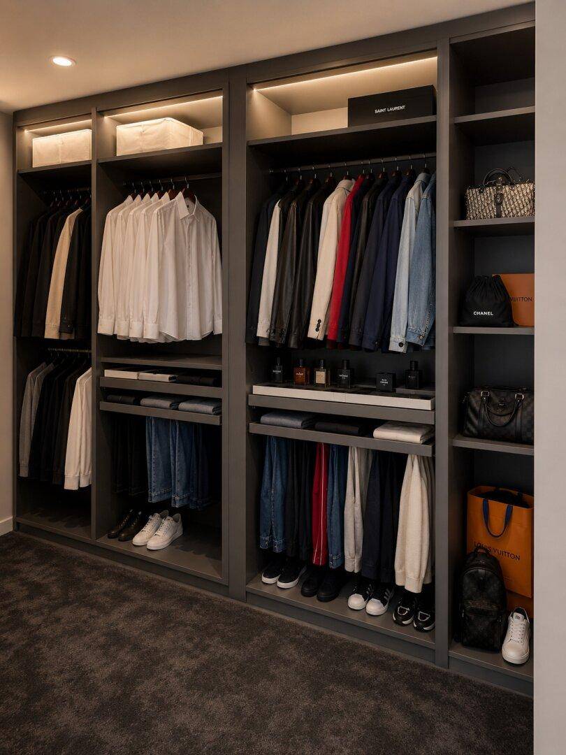 Begehbarer Kleiderschrank mit maßgefertigten Einbauschränken und integrierter Beleuchtung für optimale Organisation.